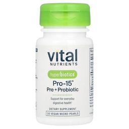 Vital Nutrients, Hyperbiotics®, Pro-15®, 프리바이오틱 + 프로바이오틱, 비건 마이크로 펄 30개