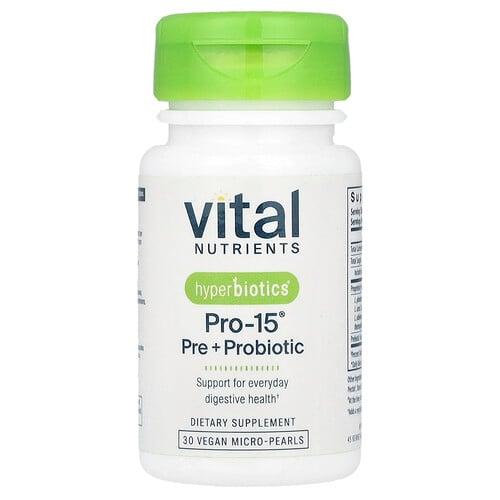 Vital Nutrients, Hyperbiotics®, Pro-15®, 프리바이오틱 + 프로바이오틱, 비건 마이크로 펄 30개 상품 이미지
