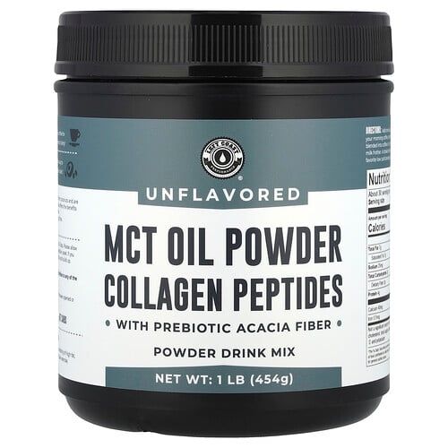 Left Coast Performance, MCT 오일 분말 콜라겐 펩타이드, 프리바이오틱 아카시아 섬유소 함유, 무맛, 454g(1lb) 상세 이미지