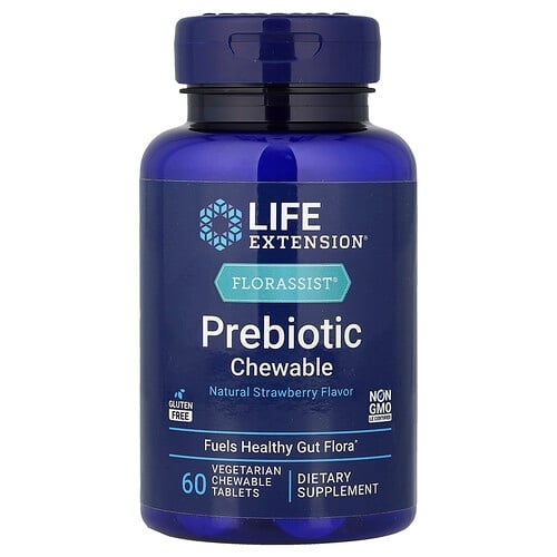 라이프 익스텐션 Life Extension, Florassist 프리바이오틱 츄어블, 천연 딸기 맛, 식물성 츄어블 60정(1정당 1,400mg) 상세 이미지