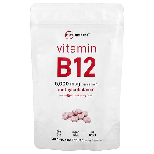 마이크로 인그리디언츠 Micro Ingredients, 비타민B12, 스트로베리, 츄어블 정 240정(1정당 2,500mcg) 상세 이미지