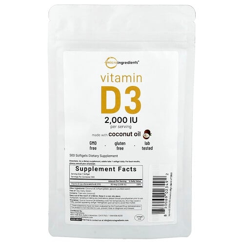 마이크로 인그리디언츠 Micro Ingredients, 비타민D3, 2,000IU, 소프트젤 500정 상세 이미지