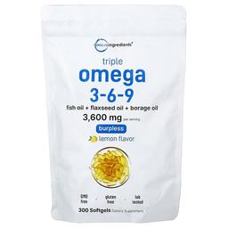 마이크로 인그리디언츠 Micro Ingredients, 트리플 오메가3-6-9, 레몬, 소프트젤 300정