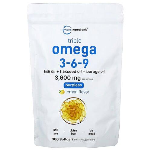 마이크로 인그리디언츠 Micro Ingredients, 트리플 오메가3-6-9, 레몬, 소프트젤 300정 상품 이미지
