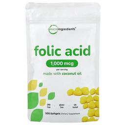 마이크로 인그리디언츠 Micro Ingredients, 엽산, 1,000mcg, 소프트젤 500정