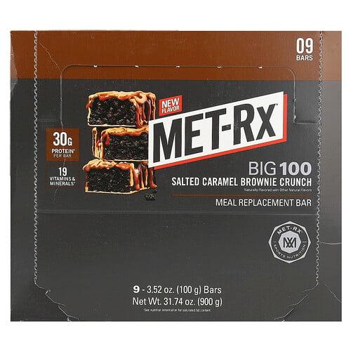 MET-Rx, Big 100, 식사 대용 바, 솔티드 캐러멜 브라우니 크런치, 바 9개, 각 100g(3.52oz) 상품 이미지