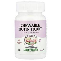 맥시 헬스 Maxi Health, 츄어블 Biotin 10,000™, 천연 딸기 맛, 10,000mcg, 츄이 100개