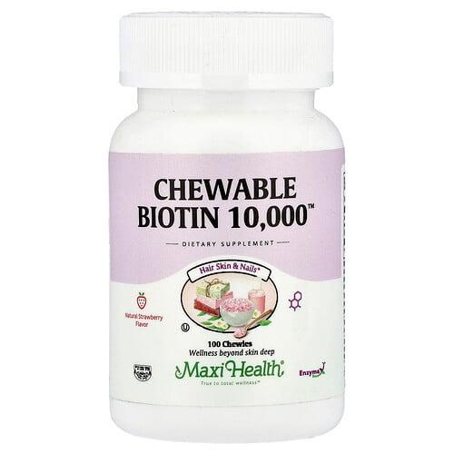 맥시 헬스 Maxi Health, 츄어블 Biotin 10,000™, 천연 딸기 맛, 10,000mcg, 츄이 100개 상품 이미지