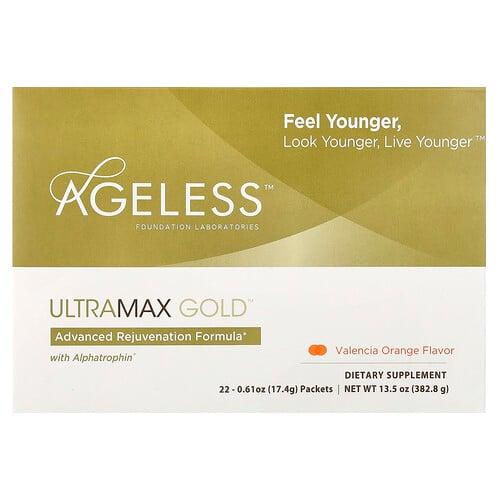 에이지리스 파운데이션 래보라토리스 Ageless Foundation Laboratories, UltraMax Gold, Alphatrophin 함유, 고급 원기 회복 포뮬라, 발렌시아 오렌지 맛, 22팩, 각 17.4g (0.61 oz) 상품 이미지