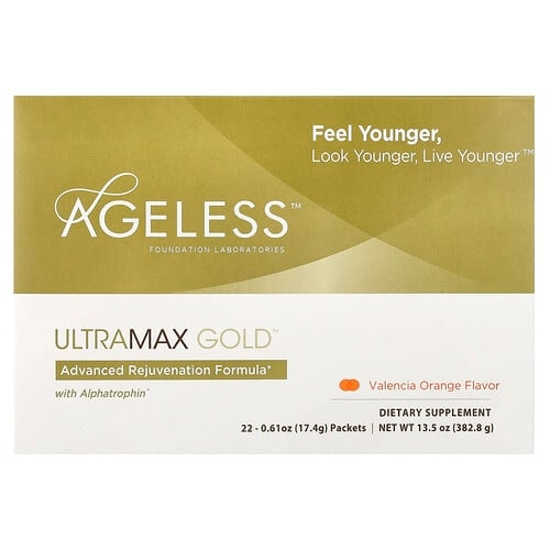 에이지리스 파운데이션 래보라토리스 Ageless Foundation Laboratories, UltraMax Gold, Alphatrophin 함유, 고급 원기 회복 포뮬라, 발렌시아 오렌지 맛, 22팩, 각 17.4g (0.61 oz) 상세 이미지