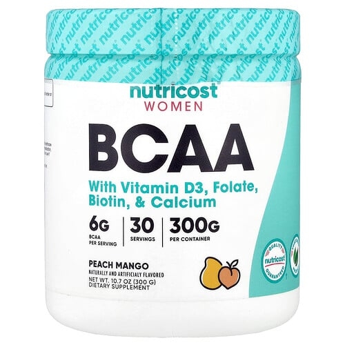뉴트리코스트 Nutricost, 여성, 비타민D3, 엽산, 비오틴, 칼슘 함유 BCAA, 복숭아 망고 맛, 300g(10.7oz) 상세 이미지