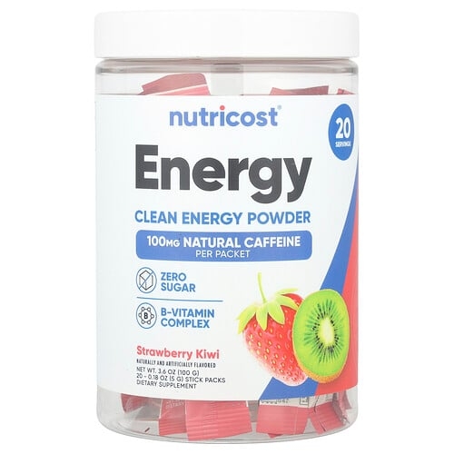 뉴트리코스트 Nutricost, Energy, 클린 에너지 파우더, 스트로베리 키위, 스틱팩 20개, 개당 5g(0.18oz) 상세 이미지