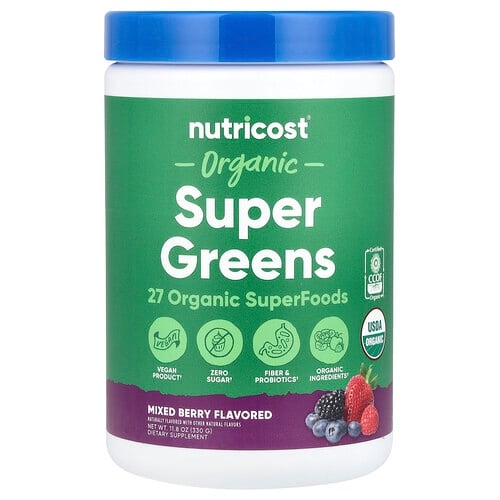 뉴트리코스트 Nutricost, 유기농 슈퍼 그린, 믹스 베리 맛, 330g(11.8oz) 상세 이미지