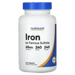 뉴트리코스트 Nutricost, 황산제일철, 철분, 65mg, 240정