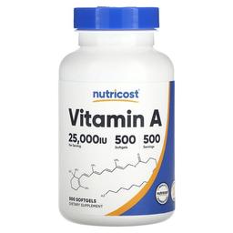 뉴트리코스트 Nutricost, 비타민A, 25,000IU, 소프트젤 500정