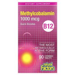 네츄럴 펙터스 Natural Factors, B12, 메틸코발라민, 1,000mcg, 츄어블 90정