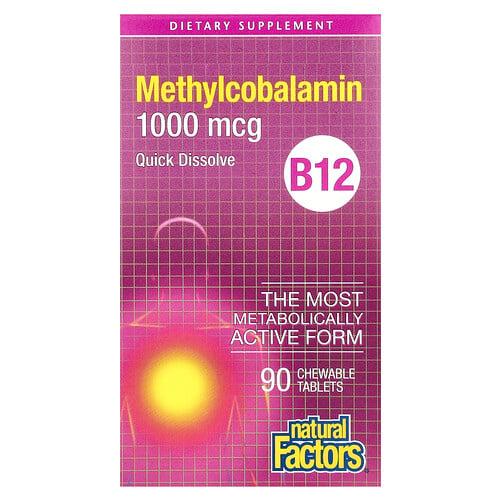 네츄럴 펙터스 Natural Factors, B12, 메틸코발라민, 1,000mcg, 츄어블 90정 상품 이미지