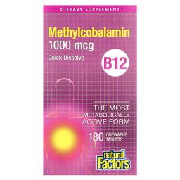 네츄럴 펙터스 Natural Factors, B12, 메틸코발라민, 1,000mcg, 츄어블 180정