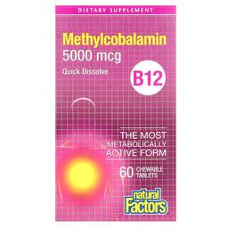 네츄럴 펙터스 Natural Factors, 메틸코발라민, B12, 5,000mcg, 츄어블 정제 60정