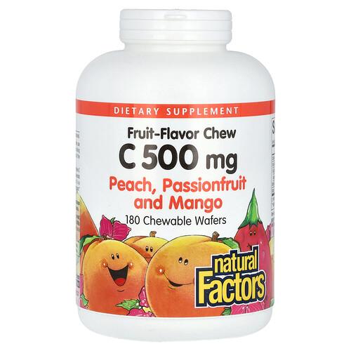 네츄럴 펙터스 Natural Factors, 과일맛 츄어블 비타민C, 복숭아, 패션프루트 및 망고, 500mg, 츄어블 웨이퍼 180개 상품 이미지