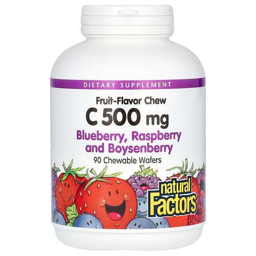 네츄럴 펙터스 Natural Factors, 과일 맛 츄 비타민C, 블루베리, 라즈베리, 보이젠베리, 500mg, 츄어블 웨이퍼 90개 상품 이미지