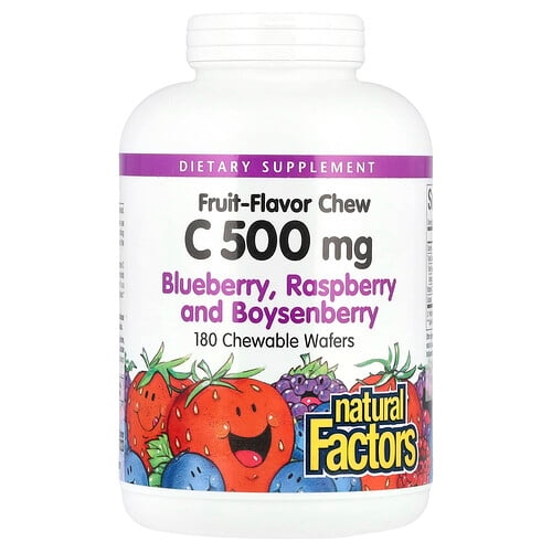 네츄럴 펙터스 Natural Factors, 과일 맛 츄 비타민C, 블루베리, 라즈베리, 보이젠베리, 500mg, 츄어블 웨이퍼 180개 상세 이미지