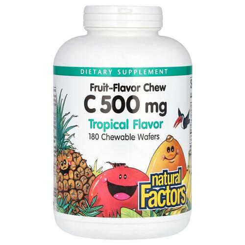네츄럴 펙터스 Natural Factors, 비타민C, 과일맛 츄, 트로피컬, 500mg, 츄어블 웨이퍼 180개 상품 이미지
