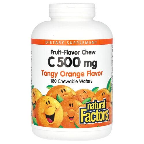 네츄럴 펙터스 Natural Factors, 비타민C 과일맛 츄, 탱기 오렌지, 500mg, 츄어블 웨이퍼 180개 상품 이미지
