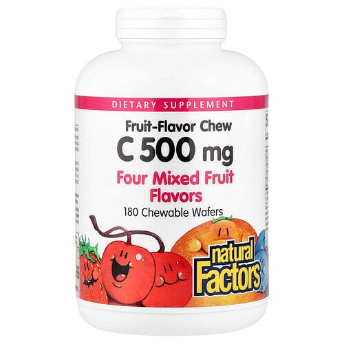 네츄럴 펙터스 Natural Factors, 과일 맛 츄 비타민C, 혼합 과일 4가지, 츄어블 웨이퍼 180개(웨이퍼당 500mg) 상품 이미지