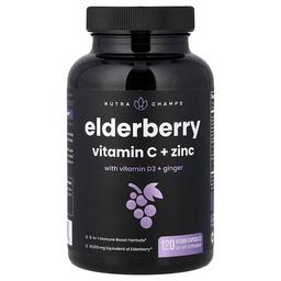 뉴트라챔스 NutraChamps, 엘더베리, 비타민C + 비타민D3 + 생강 함유 아연, 베지 캡슐 120정