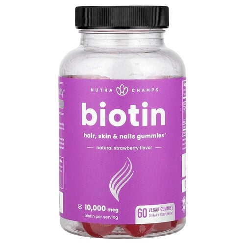 뉴트라챔스 NutraChamps, 비오틴 구미젤리, 천연 딸기 맛, 10,000mcg, 비건 구미젤리 60개(구미젤리 1개당 5,000mcg) 상세 이미지