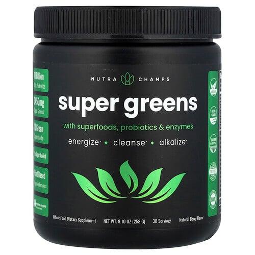 뉴트라챔스 NutraChamps, 슈퍼 푸드, 프로바이오틱, 효소 함유 슈퍼 그린, 천연 베리 맛, 258g(9.10oz) 상품 이미지