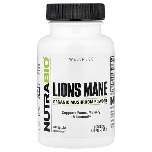 NutraBio, Wellness, 유기농 노루궁뎅이버섯, 캡슐 60정(캡슐 1정당 0.5g) 상세 이미지
