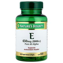 네이쳐스 바우티 Nature's Bounty, 비타민E, 순수 Dl-알파, 450mg(1,000IU), 빠른 방출 소프트젤 60정