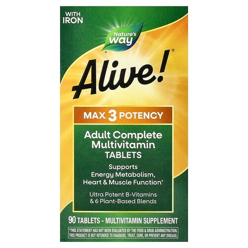 네이쳐스 웨이 Nature's Way, Alive!® 맥스3 포텐시, 성인용 컴플리트 종합비타민, 철분 함유, 90정 상세 이미지