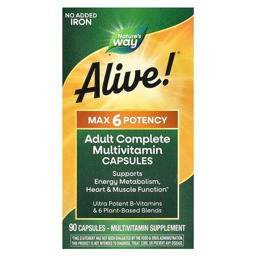 네이쳐스 웨이 Nature's Way, Alive! Max6 Potency 종합비타민, 철분 무함유, 캡슐 90정 상품 이미지