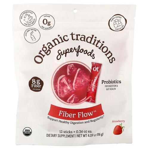 Organic Traditions, Fiber Flow™, 딸기 맛, 12개, 개당 9.7g(0.34oz) 상품 이미지