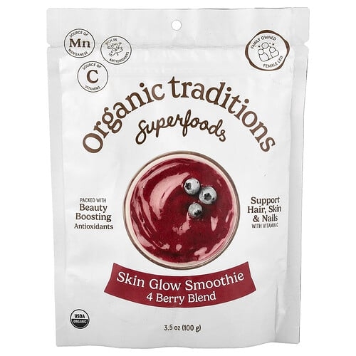 Organic Traditions, 슈퍼 푸드, 스킨 글로우 스무디, 4가지 베리 블렌드, 100g(3.5oz) 상세 이미지