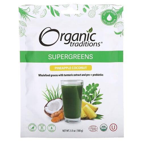 Organic Traditions, 슈퍼그린, 파인애플 코코넛, 100g(3.5oz) 상품 이미지