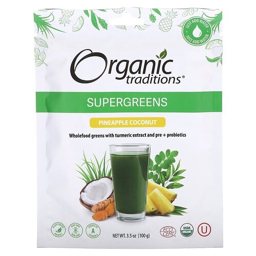 Organic Traditions, 슈퍼그린, 파인애플 코코넛, 100g(3.5oz) 상세 이미지