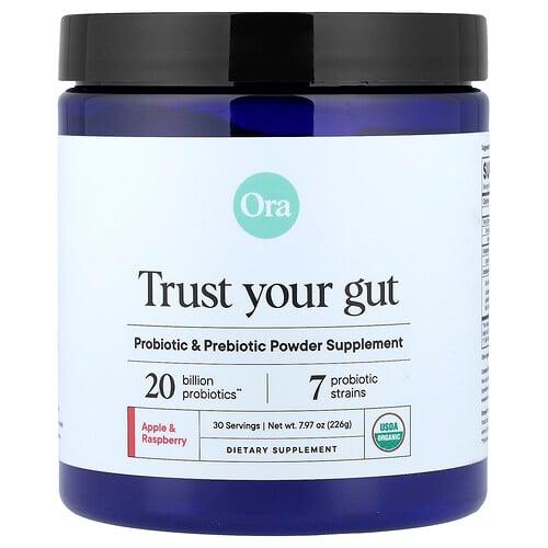 오라 Ora, Trust Your Gut, 프로바이오틱 및 프리바이오틱 분말 보충제, 유기농 사과 & 라즈베리, 226g(7.97oz) 상품 이미지