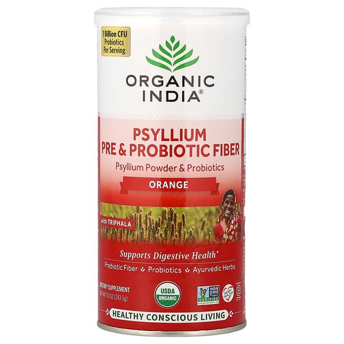 올가닉 인디아 Organic India, 차전자피 프리바이오틱 및 프로바이오틱 섬유소, 오렌지 맛, 283.5g(10oz) 상세 이미지