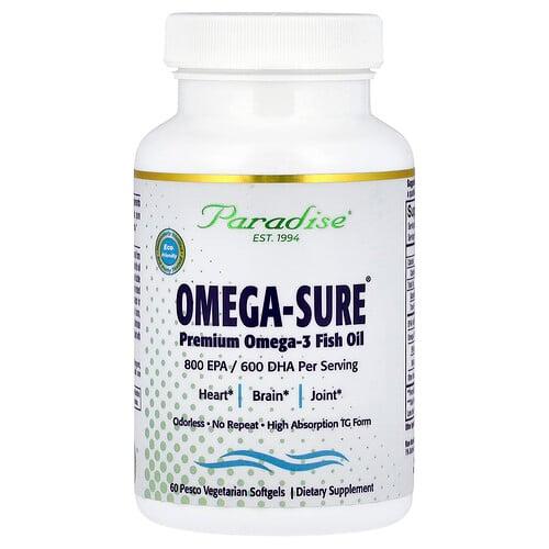 파라다이스 허브 Paradise Herbs, Omega-Sure®, 프리미엄 오메가3 피쉬 오일, 베지 소프트젤 60정 상품 이미지