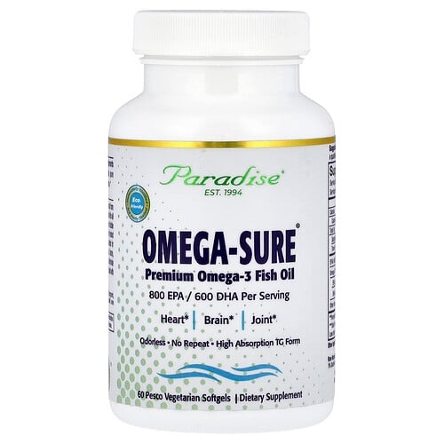파라다이스 허브 Paradise Herbs, Omega-Sure®, 프리미엄 오메가3 피쉬 오일, 베지 소프트젤 60정 상세 이미지
