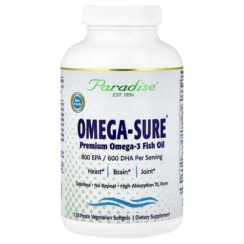 파라다이스 허브 Paradise Herbs, Omega-Sure®, 프리미엄 오메가3 피쉬 오일, 베지 소프트젤 120정 상세 이미지