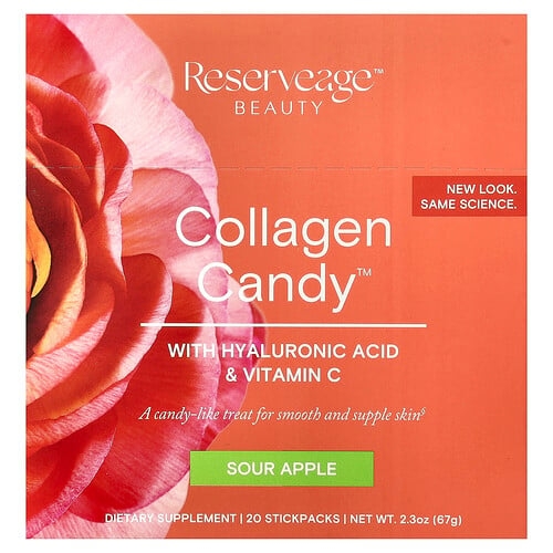 리저브에이지 뷰티 Reserveage Beauty, 콜라겐 캔디, 사워 애플, 스틱팩 20개, 개당 3.35g(0.1oz) 상세 이미지