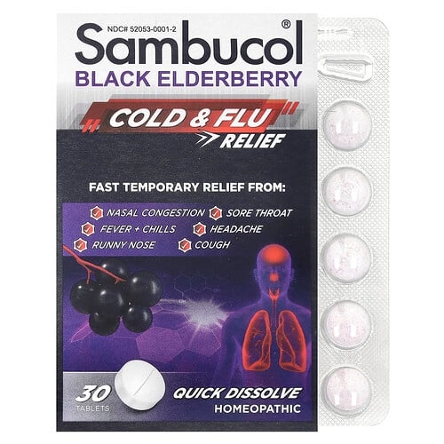 삼부콜 Sambucol, 블랙 엘더베리, 감기 및 독감 완화, 빨리 녹는 정제 30정 상세 이미지