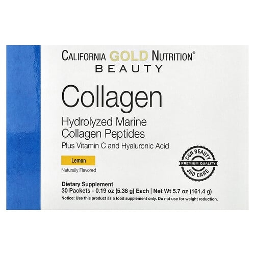 캘리포니아 골드 뉴트리션 California Gold Nutrition, 마린 콜라겐 펩타이드, 비타민C 및 히알루론산 함유, 레몬 맛, 30팩, 각 5.38g(0.19oz) 상세 이미지