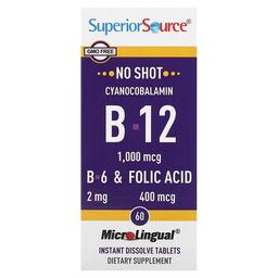 슈프리어 소스 Superior Source, 시아노코발라민 & B-12 & B-6 및 엽산, 1,000mcg & 2mg & 400mcg, 즉시 용해되는 MicroLingual 60정
