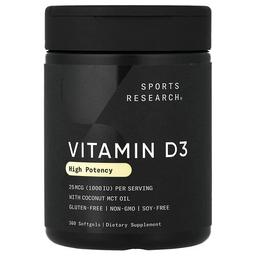스포츠 리서치 Sports Research, 비타민D3, 고효능, 25mcg(1,000IU), 소프트젤 360정